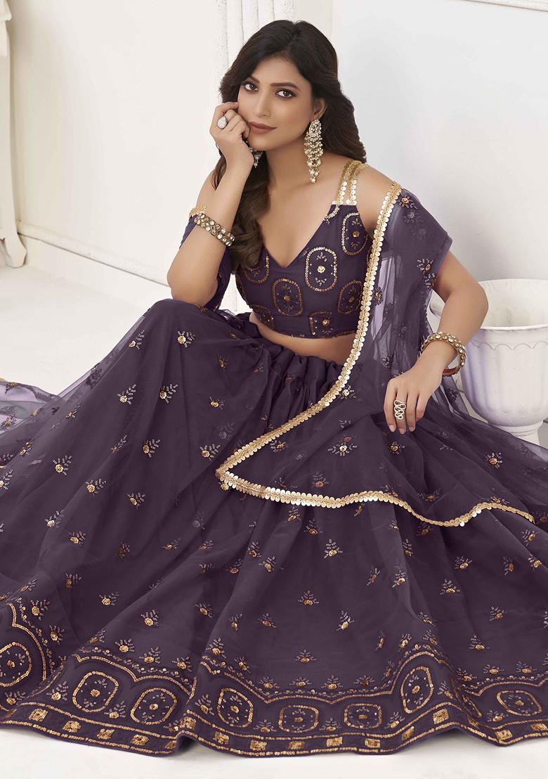 Dusty Wine Sequin Thread Embroidered Net Lehenga - Indya