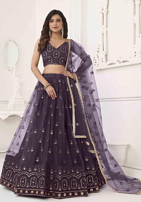 Dusty Wine Sequin Thread Embroidered Net Lehenga