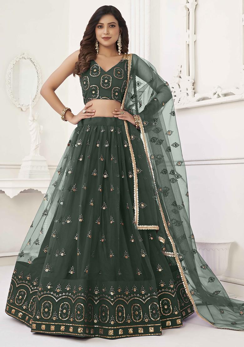 Dark Green Sequin Thread Embroidered Net Lehenga