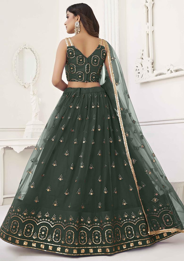 Dark Green Sequin Thread Embroidered Net Lehenga