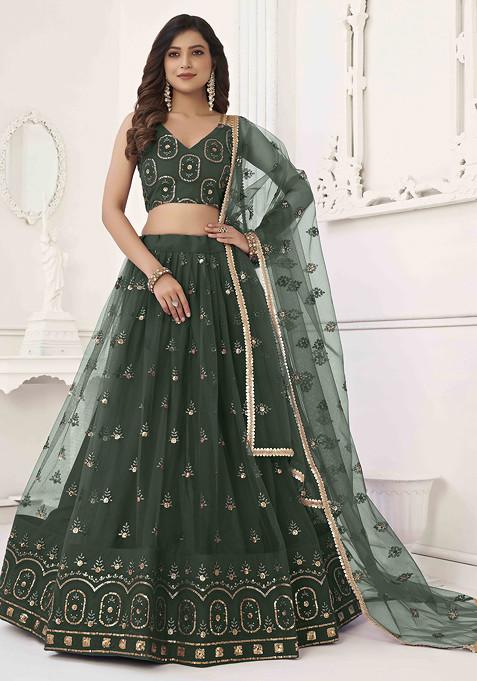 Dark Green Sequin Thread Embroidered Net Lehenga