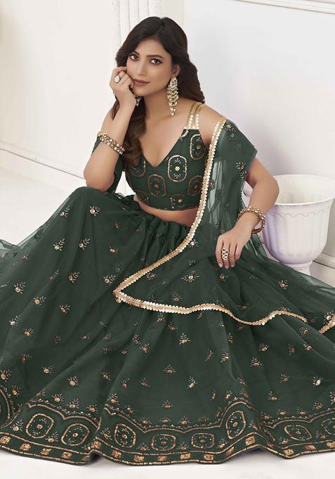 Dark Green Sequin Thread Embroidered Net Lehenga