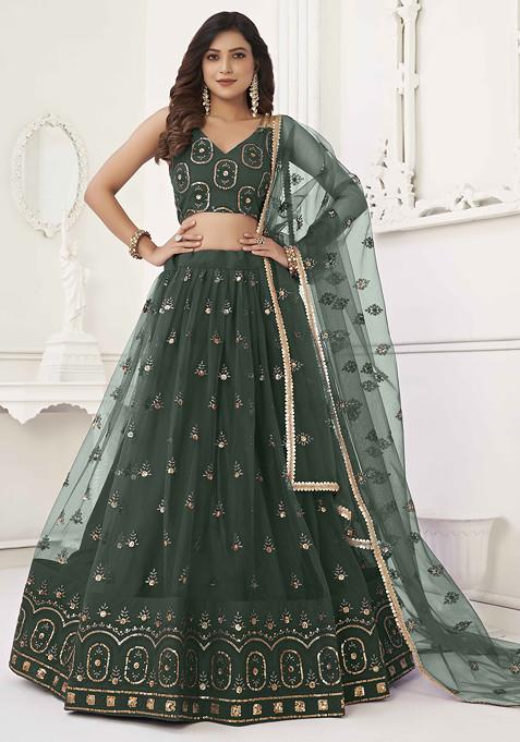 Dark Green Sequin Thread Embroidered Net Lehenga