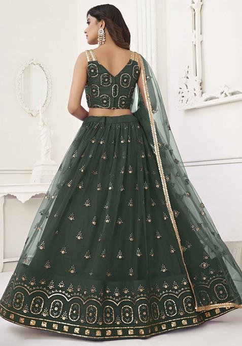 Dark Green Sequin Thread Embroidered Net Lehenga
