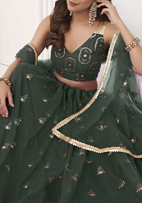 Dark Green Sequin Thread Embroidered Net Lehenga