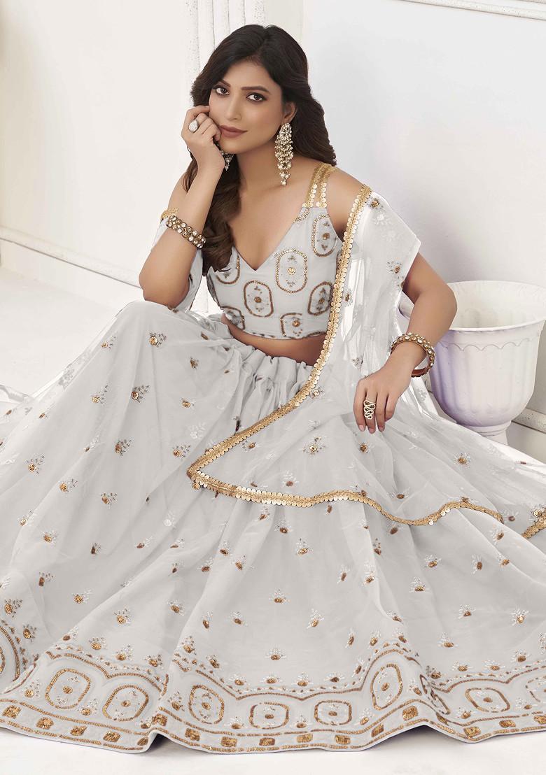 Off White Thread Sequin Embroidered Net Lehenga