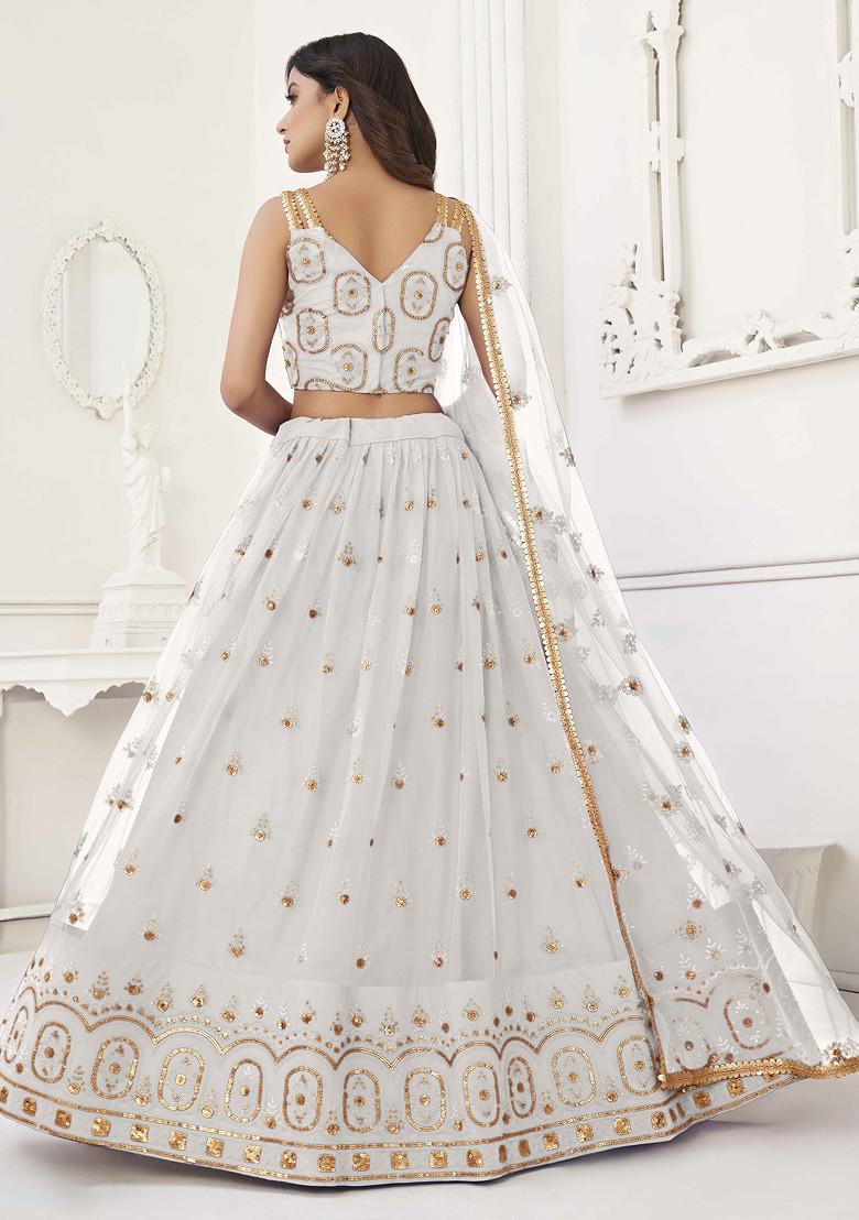 Off White Thread Sequin Embroidered Net Lehenga