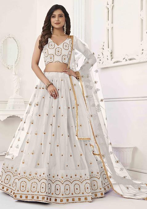 Off White Thread Sequin Embroidered Net Lehenga