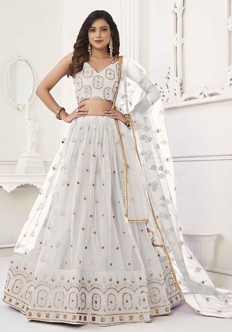 Off White Thread Sequin Embroidered Net Lehenga