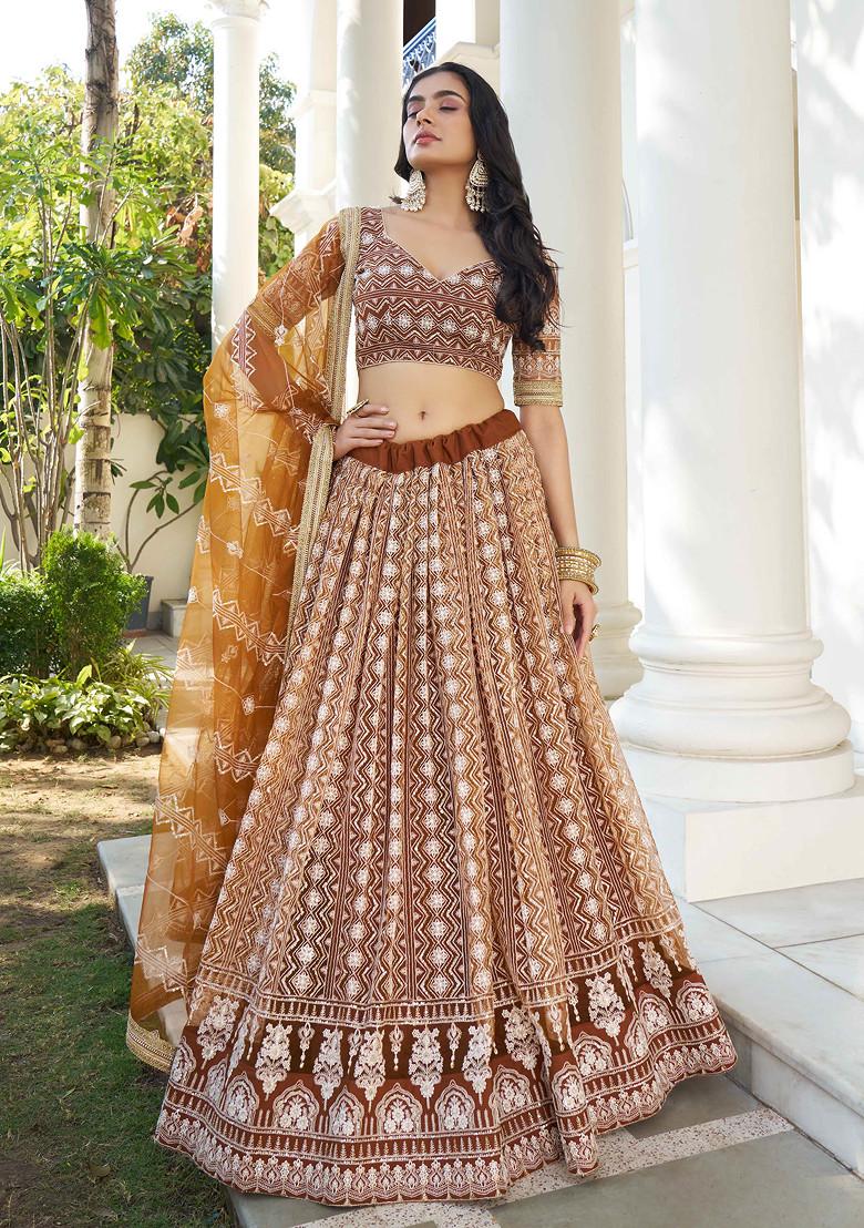 Brown Sequin Embroidered Net Lehenga - Indya