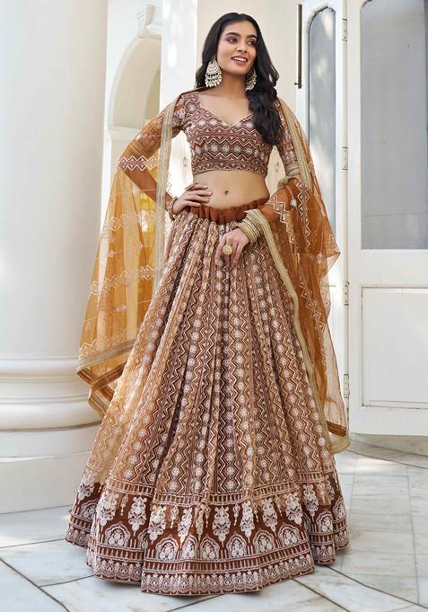 Brown Sequin Embroidered Net Lehenga