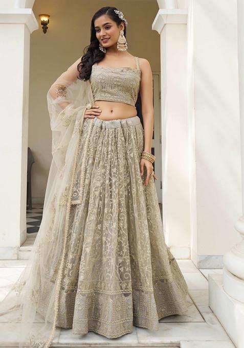 Ivory Thread Sequin Embroidered Net Lehenga