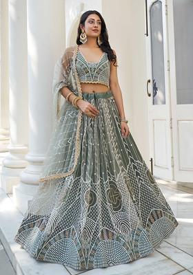 Light Green Thread Sequin Embroidered Net Lehenga