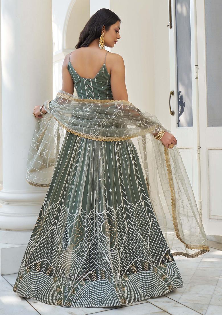 Light Green Thread Sequin Embroidered Net Lehenga