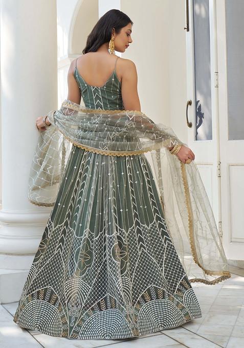 Light Green Thread Sequin Embroidered Net Lehenga