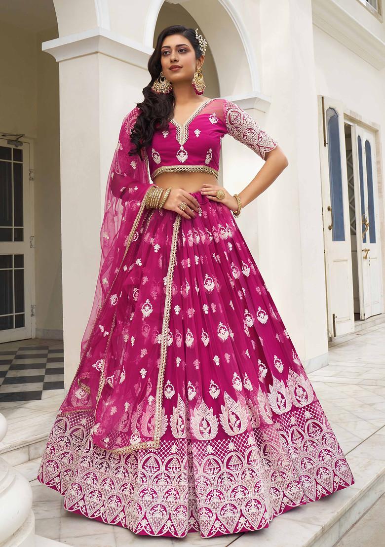 Dark Pink Thread Sequin Embroidered Net Lehenga - Indya