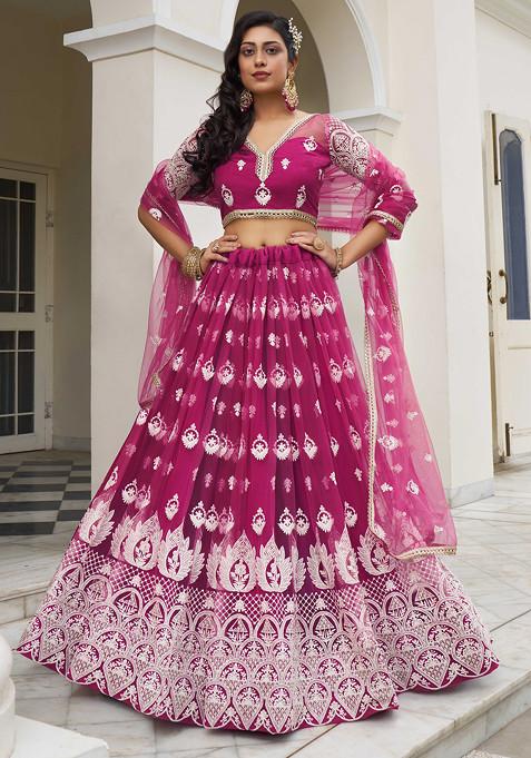 Dark Pink Thread Sequin Embroidered Net Lehenga