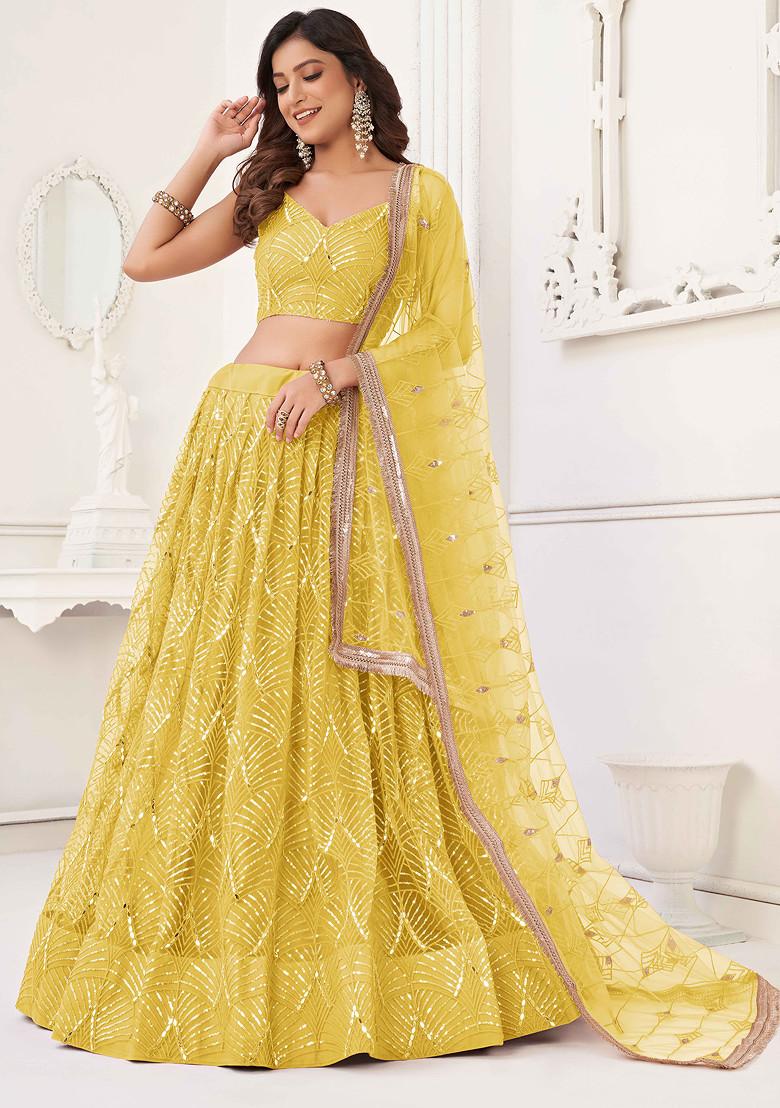 Yellow Thread Sequin Embroidered Net Lehenga