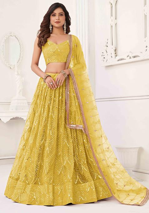 Yellow Thread Sequin Embroidered Net Lehenga