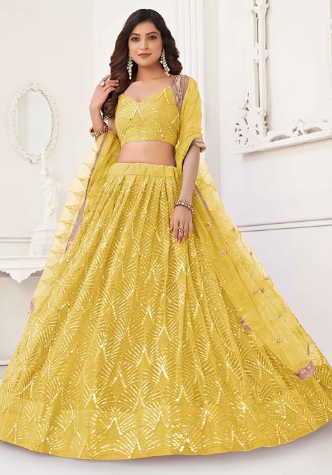 Yellow Thread Sequin Embroidered Net Lehenga