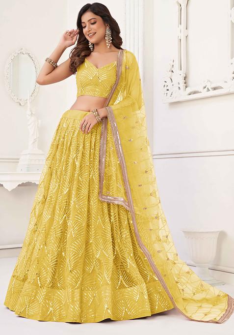 Yellow Thread Sequin Embroidered Net Lehenga