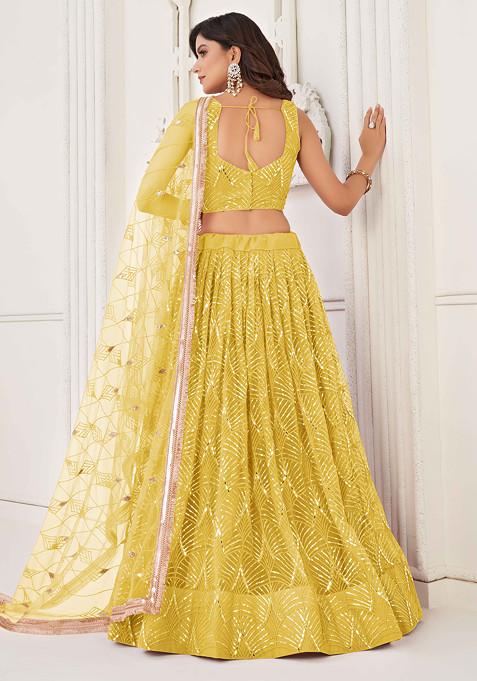 Yellow Thread Sequin Embroidered Net Lehenga