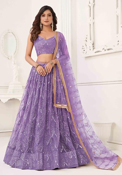 Lavender Thread Sequin Embroidered Net Lehenga