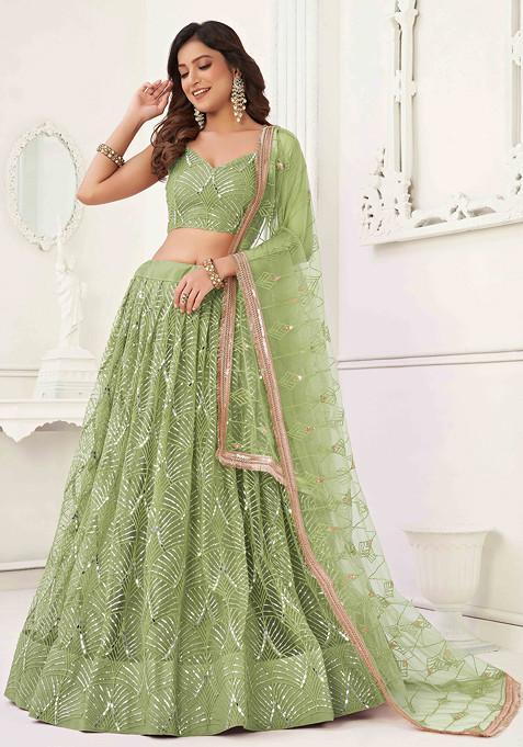 Pista Green Thread Sequin Embroidered Net Lehenga