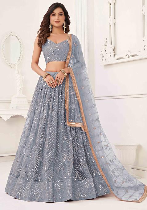 Light Grey Thread Sequin Embroidered Net Lehenga