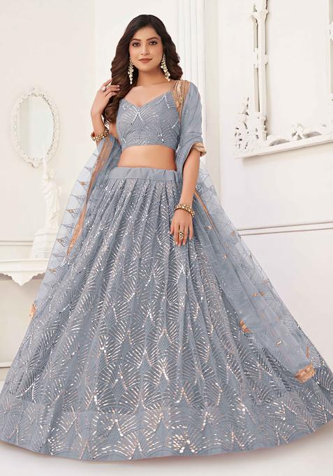 Light Grey Thread Sequin Embroidered Net Lehenga