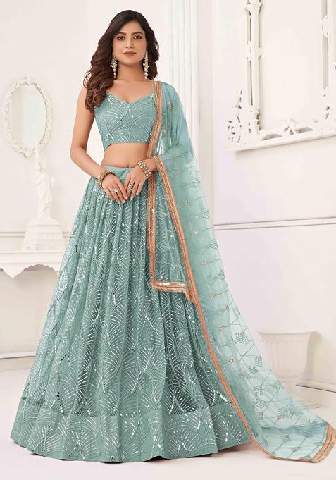 Ocean Blue Thread Sequin Embroidered Net Lehenga