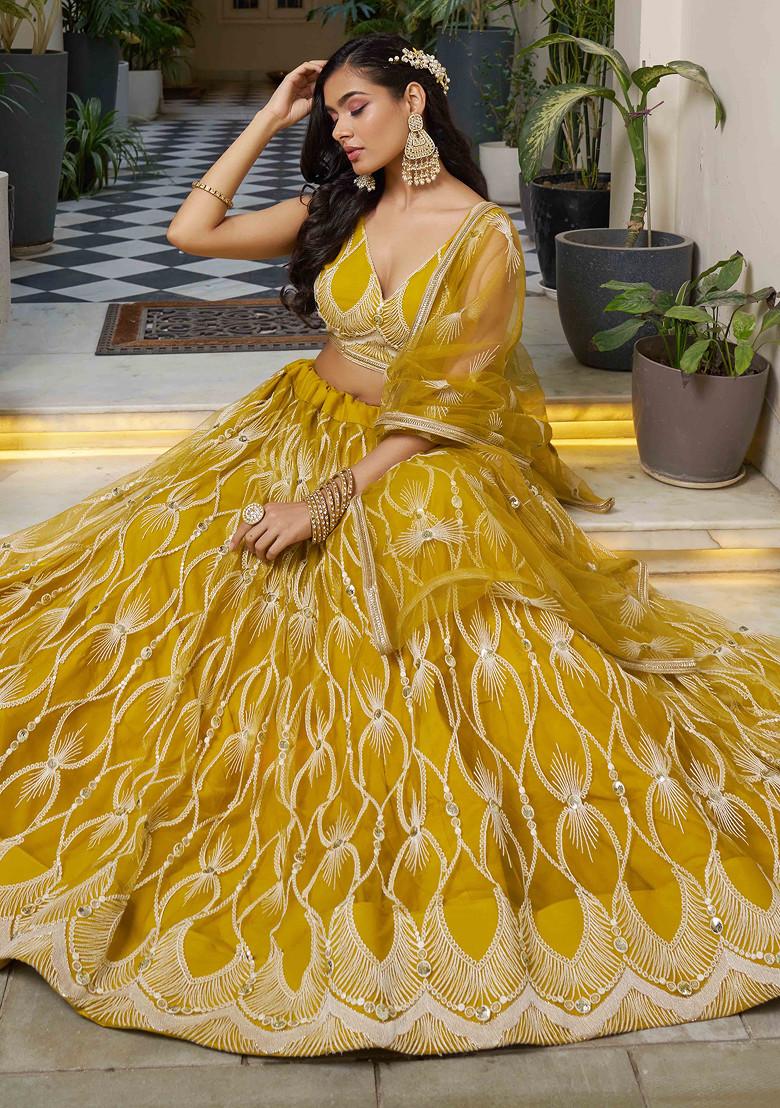 Mustard Thread Sequin Embroidered Net Lehenga