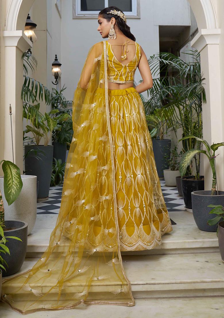 Mustard Thread Sequin Embroidered Net Lehenga