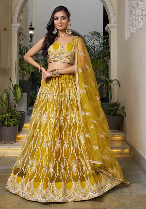 Mustard Thread Sequin Embroidered Net Lehenga