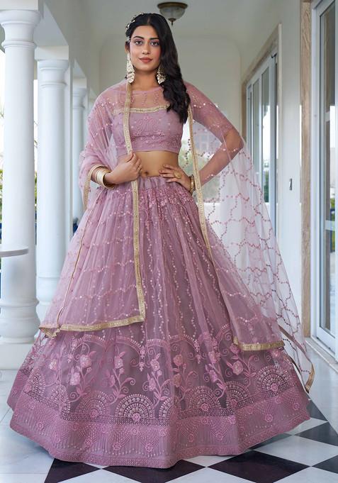 Dusty Pink Thread Sequin Embroidered Net Lehenga