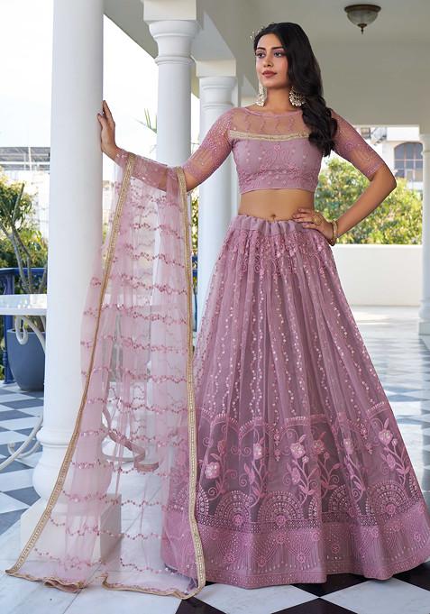 Dusty Pink Thread Sequin Embroidered Net Lehenga