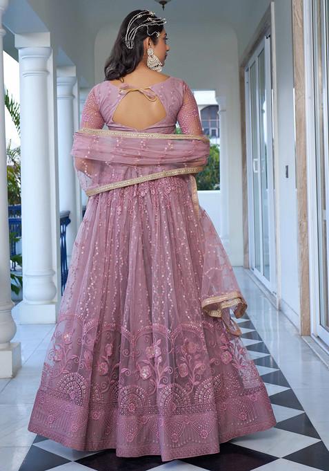 Dusty Pink Thread Sequin Embroidered Net Lehenga