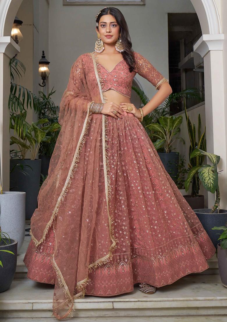 Rust Thread Sequin Embroidered Net Lehenga