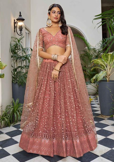 Rust Thread Sequin Embroidered Net Lehenga