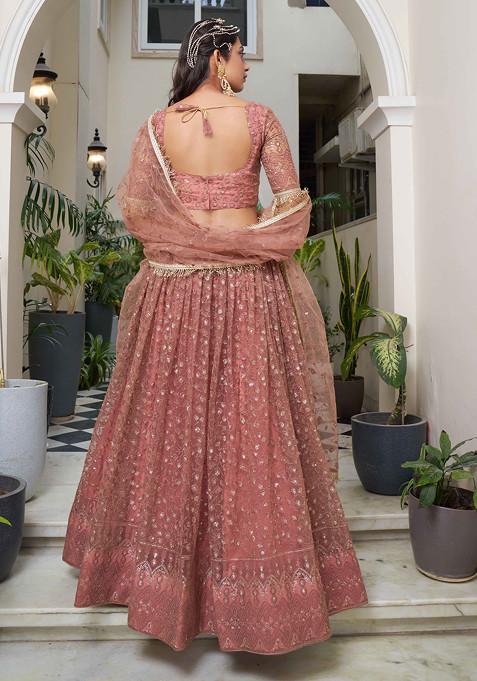 Rust Thread Sequin Embroidered Net Lehenga