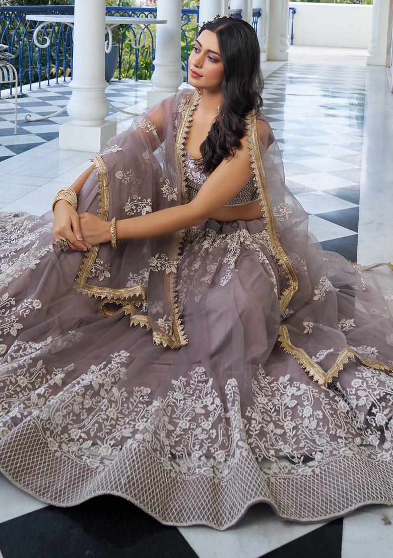 Light Dusty Brown Thread Sequin Embroidered Net Lehenga