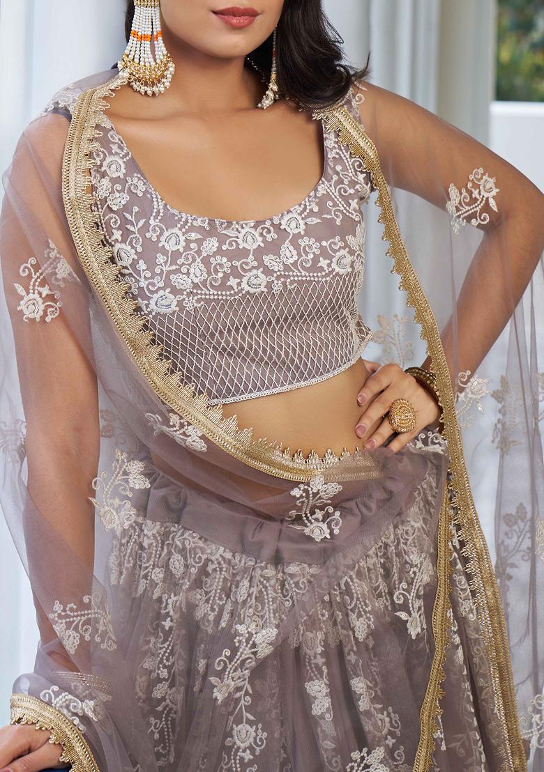 Light Dusty Brown Thread Sequin Embroidered Net Lehenga