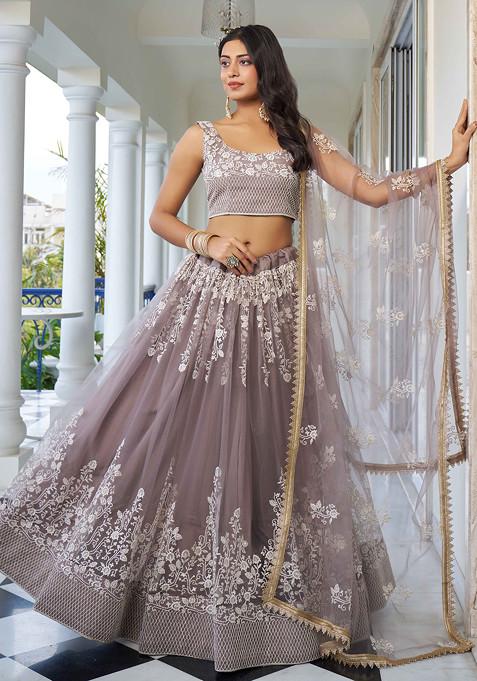 Light Dusty Brown Thread Sequin Embroidered Net Lehenga