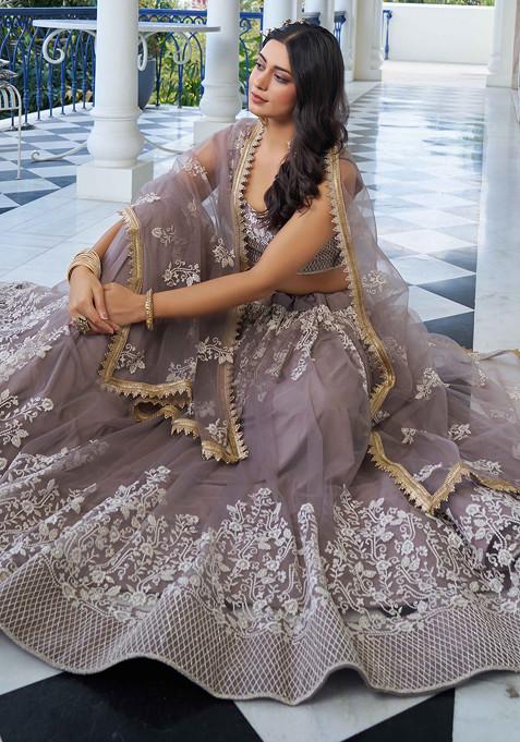 Light Dusty Brown Thread Sequin Embroidered Net Lehenga
