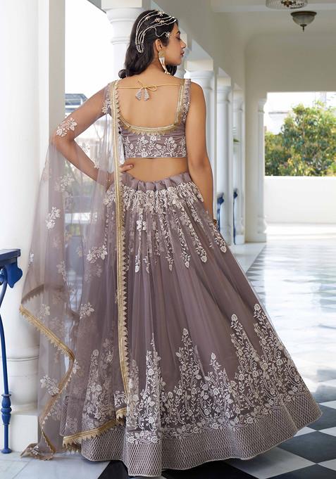 Light Dusty Brown Thread Sequin Embroidered Net Lehenga
