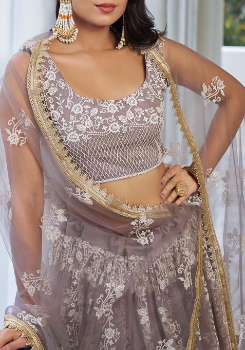 Light Dusty Brown Thread Sequin Embroidered Net Lehenga