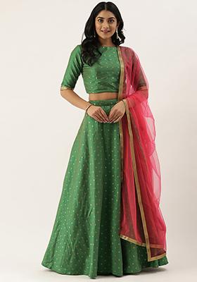 Green Printed Art Silk Lehenga Set