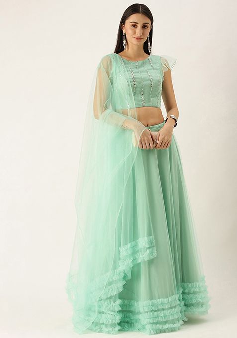 Green Embroidered Net Lehenga Set