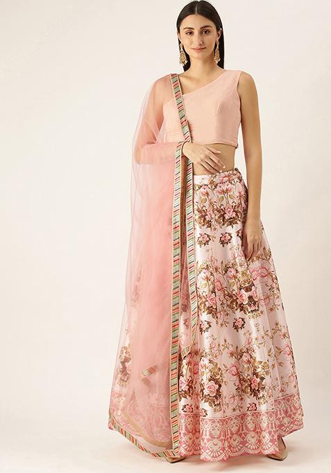 Peach Digital Print Taffeta Silk Lehenga Set