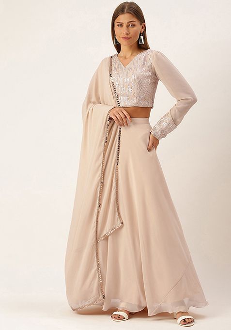 Peach Sequin Embroidered Georgette Lehenga Set